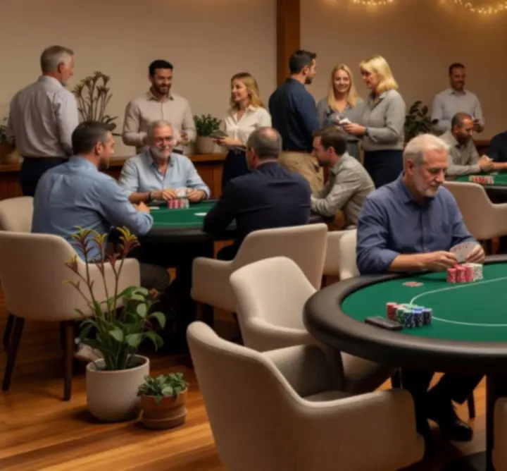 Atmospheric event setup with poker tables and comfortable lighting
