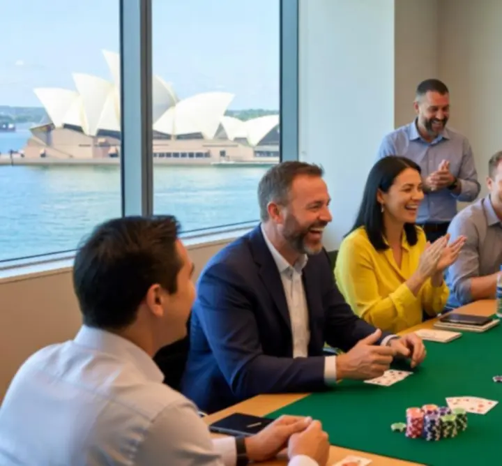 Corporate team building session with colleagues playing organised poker together