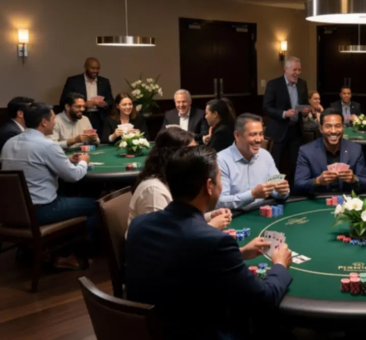 Offline poker event with players gathered around a professionally hosted table
