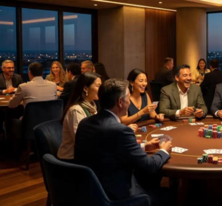 Guests gathered around an offline poker table, enjoying a structured social game