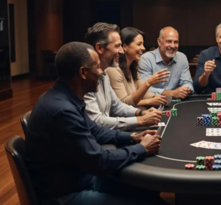 Friends gathered around an offline poker table sharing a social experience